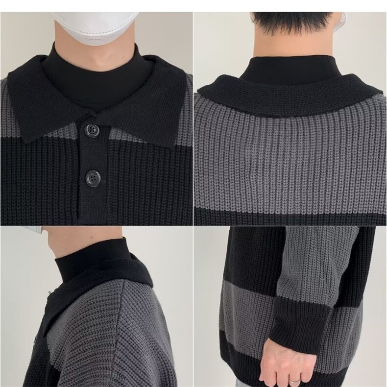 撞色条纹polo针织衫男士秋季韩版潮流翻领毛衣宽松休闲上衣MYW62,男装针织衫/毛衣,星座516A