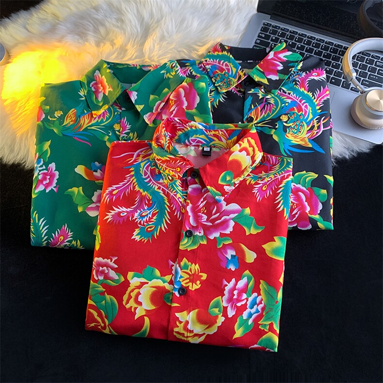 C203秋装长袖男女宽松东北大花衬衣民族特色新中式表演出汉服情侣，男装民族服装，星座115A-1