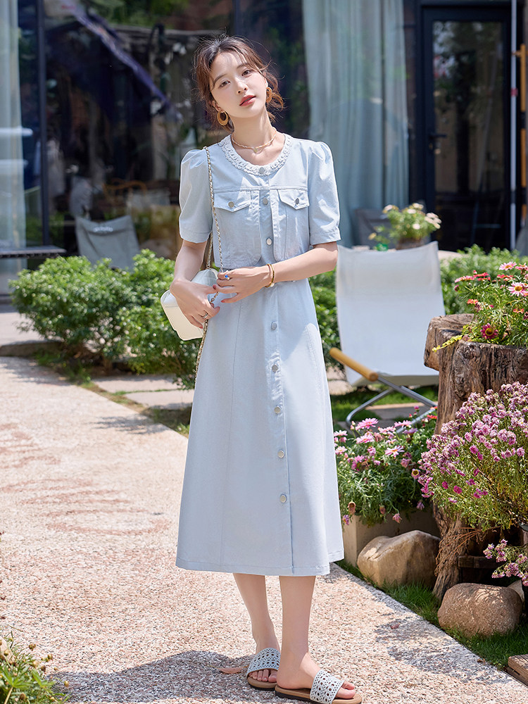 清新减龄蓝色牛仔连衣裙女2025夏季新款小个子收腰气质显瘦衬衫裙,女装连衣裙,沁沁公主