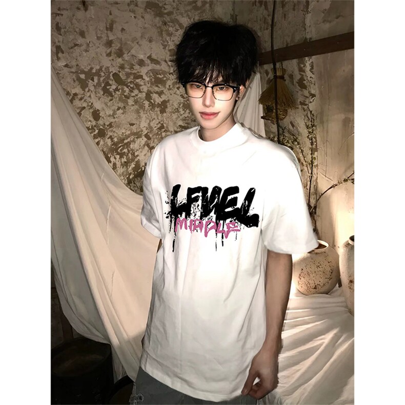 抖音得物 210克现货宽松纯棉美式潮牌印花落肩袖纯棉T恤AT21124图片