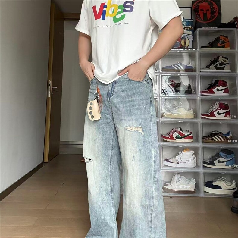 美式复古冰蓝染牛仔裤男季vibe风做旧直筒阔腿裤高街潮长裤,男装牛仔裤,星座506A