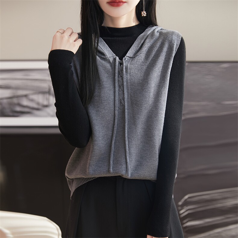 连帽针织马甲女2025新款精纺细毛宽松显瘦减龄外搭无袖坎肩上衣图片