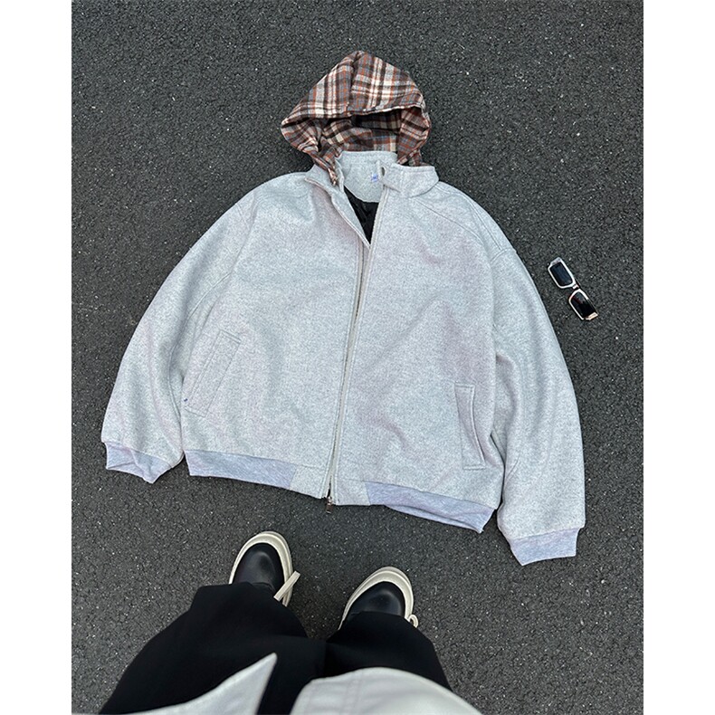 加绒加厚冬男连帽棉衣毛呢条纹格子夹棉棉袄卫衣外套MA9341P92,男装卫衣,星座1013-1