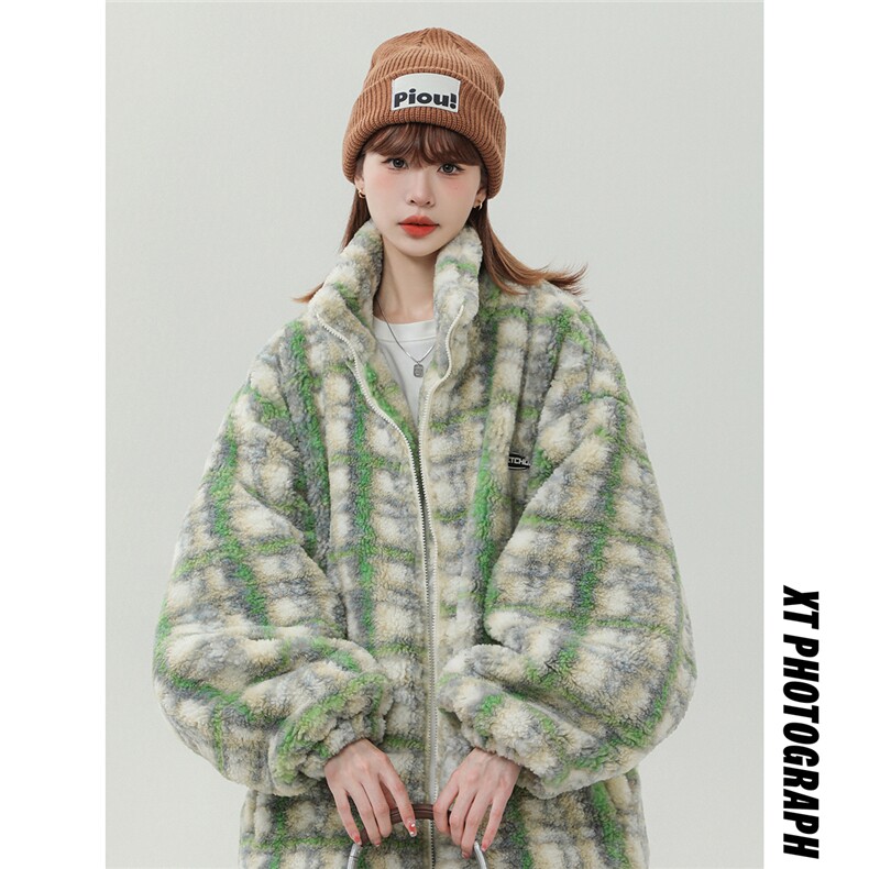 学院风美式秋冬复古格子条纹宽松羊羔毛棉衣外套XZ201-2Y21P138，男装棉衣，星座201-2