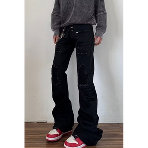 [008]休闲工装裤子复古水洗做旧微喇叭牛仔裤男女A079-N843-P60,复古沙滩服装搭配图片