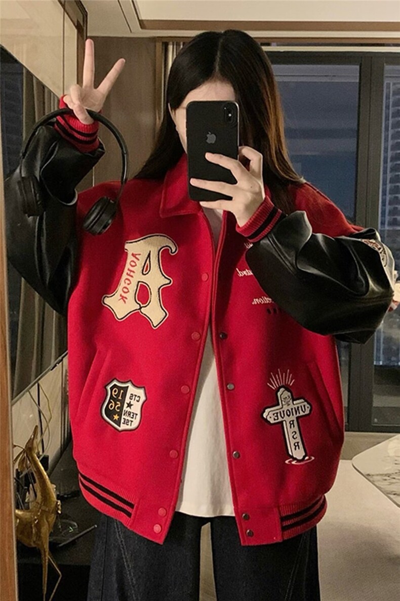 美式高街红色字母刺绣棒球服夹克男女秋冬季百搭重磅情侣外套,男装夹克,星座218-8