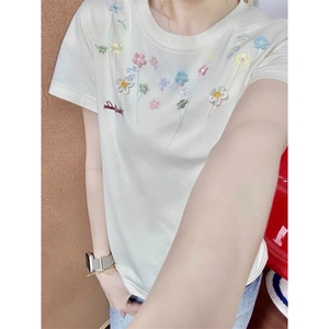 H0941-P35正肩款  刺绣 +花朵辅料修身款显瘦短袖t恤女图片