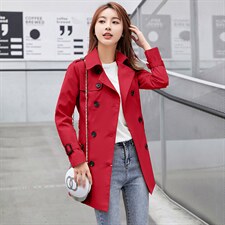风衣女春秋时尚纯色潮流气质优雅修身显瘦百搭双排扣中长款风衣女，女装风衣，韩蔻秀