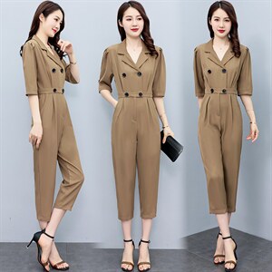 2024年夏季西装领V双排扣泡泡袖修身连体裤女连衣裤,女装连体裤,微微衣阁