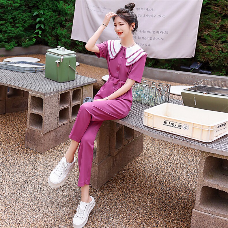 高腰垂感工装连体裤女2025年夏装新款时尚显瘦短袖西装阔腿连身裤,女装连体裤,米雪儿
