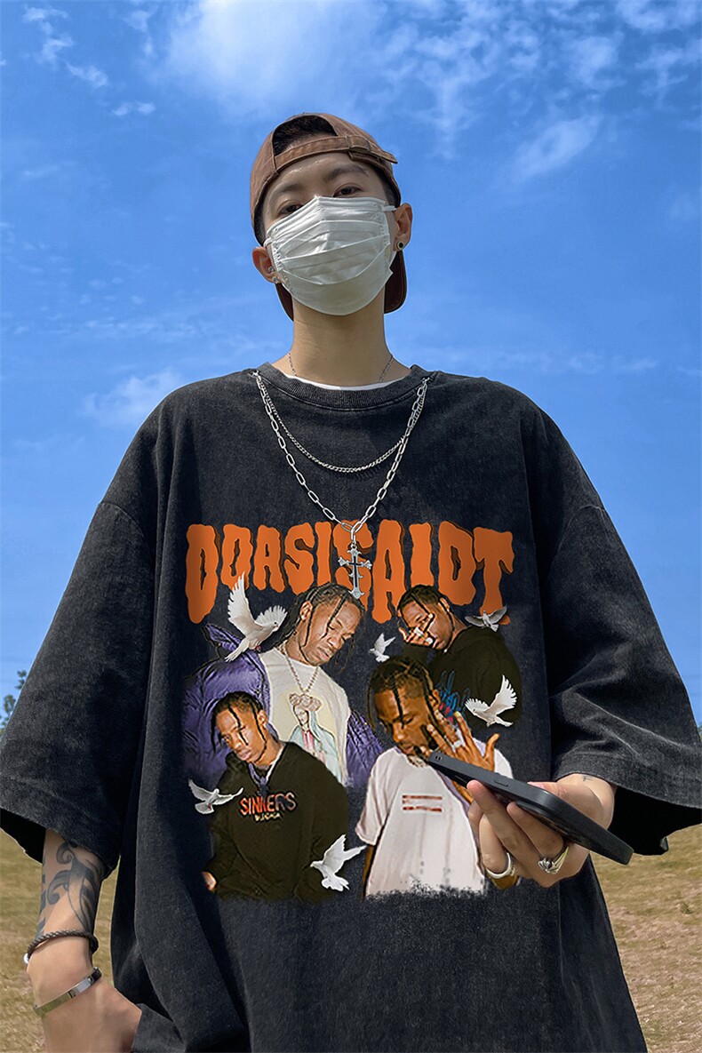 24新款夏季时尚挂件高阶宽松圆领情侣破洞短袖T恤DT354P45控68,男装T恤,电商A247