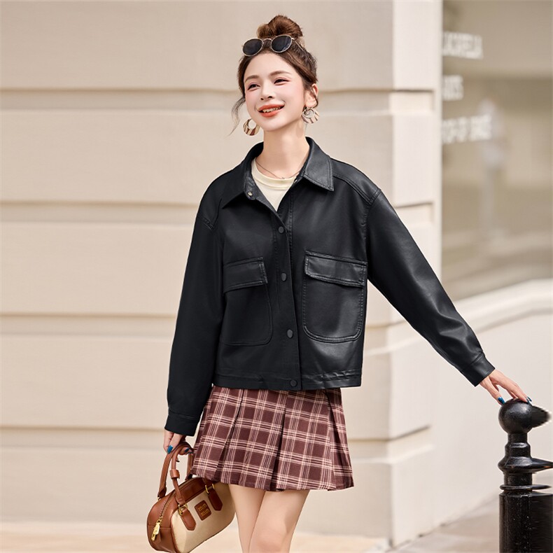 欧货棕色皮衣外套女春秋2025新款复古流行pu皮短夹克高级感小个子,女装皮衣,潮流依族