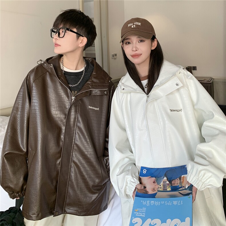 港风连帽大码情侣夹克男鳄鱼纹皮衣冲锋衣夹克男JK8744P90控128图片