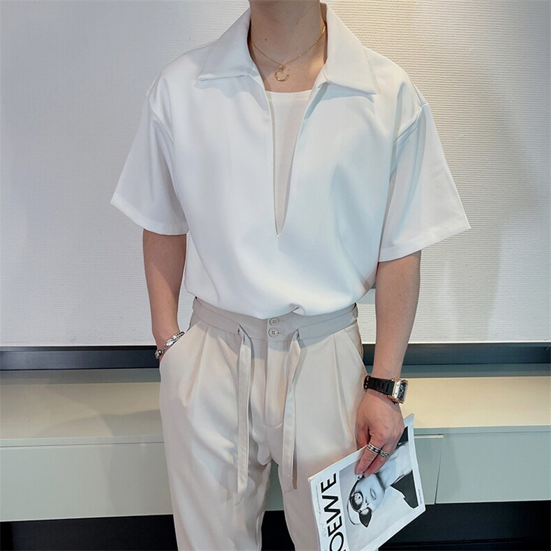 夏季新款轻奢免烫假两件短袖衬衫痞帅简约发型师白衬衣CS889-P65,男装T恤,电商B267