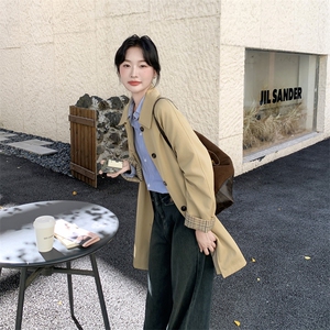 卡其色复古格纹袖口拼接风衣外套女2025秋季英伦风气质中长款大衣图片