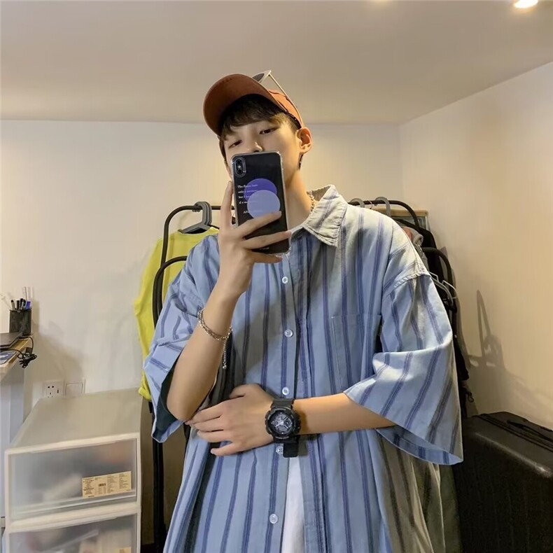 韩系ins休闲条纹撞色短袖衬衫设计感工装cityboy日系复古情侣衬衣,男装T恤,星座410-6（原星座1304-1）
