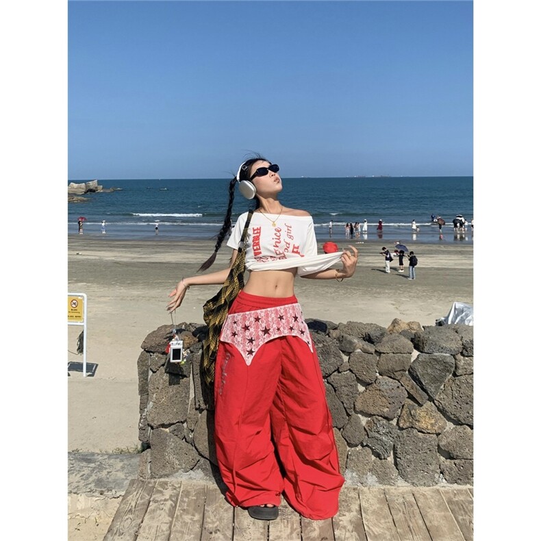 叠穿蕾丝屁帘工装伞兵裤女设计感小式复古红色裤子宽松阔腿图片