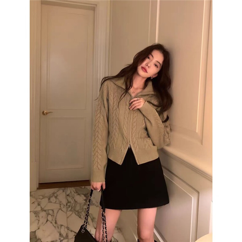 2025年秋季新款百搭女士翻领麻花拉链开衫，女装针织衫/毛衣，浩新羊绒