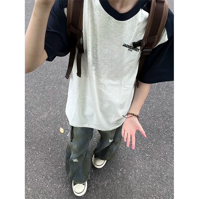 抖音得物高品质二开240克宽松纯棉美式潮牌插肩袖拼接短袖T恤,男装T恤,电商A486-1