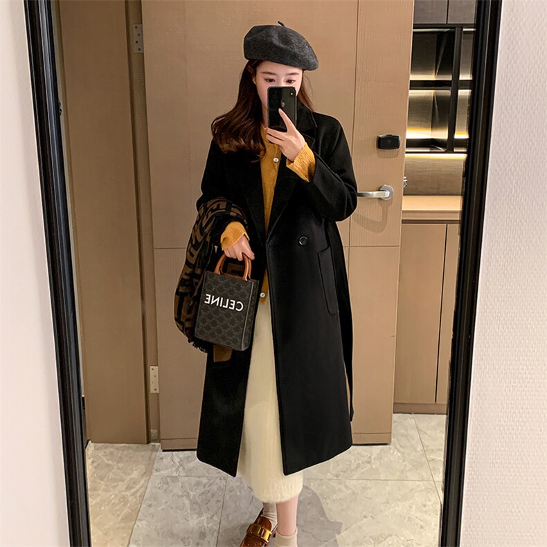 黑色韩版中长款呢宽松大衣女2024年冬季新款赫本风流行毛呢外套图片