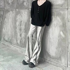 美式高街ro风格脏污撞色毛边渐变微喇叭牛仔裤男潮牌复古拖地裤子，男装牛仔裤，星座506A