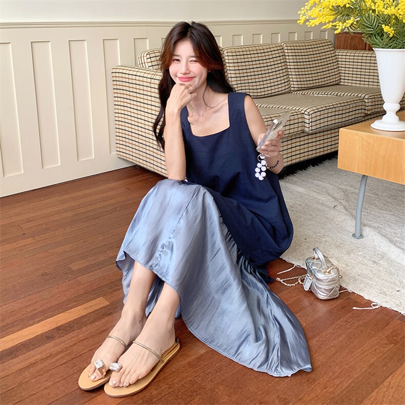垂感高级感背心裙女夏季2025新款独特设计感拼接复古风撞色连衣裙,女装连衣裙,2C262