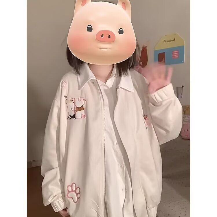 猫咪刺绣棒球服撞色上衣百搭春秋季学院风男女情侣拼接宽松潮外套图片