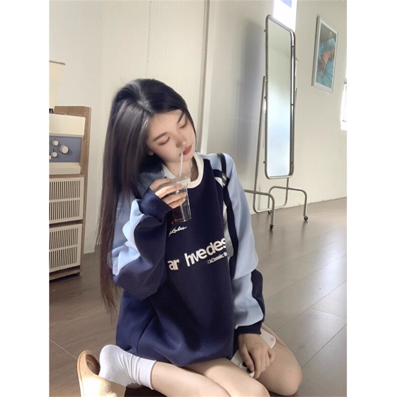 QC028-P55字母刺绣撞色拼接长袖卫衣女秋美式复古宽松显瘦上衣,女装卫衣/绒衫,星座617A-2