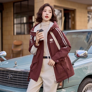 加绒加厚撞色拼接派克棉服女中长款2024冬装新款学生小个子棉衣袄图片
