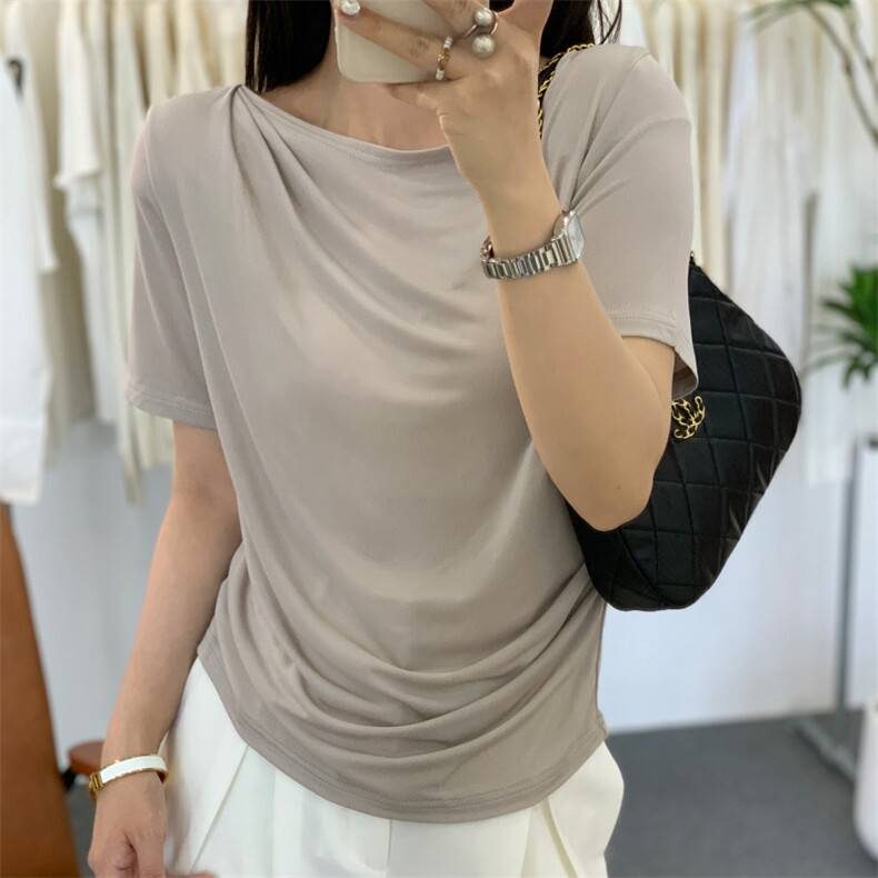 夏季时尚潮流女士一字领褶皱短袖,女装T恤,凯思米羊绒