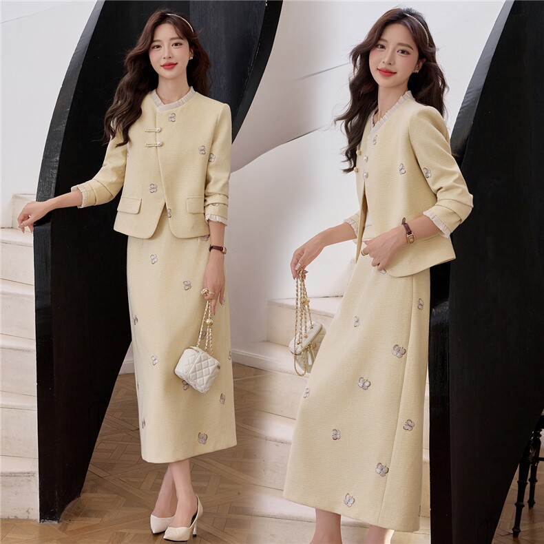 【bao款现货】2025秋装新款刺绣蝴蝶斜门襟套装长裙小香两件套，女装套装/套裙，雅静靓衣