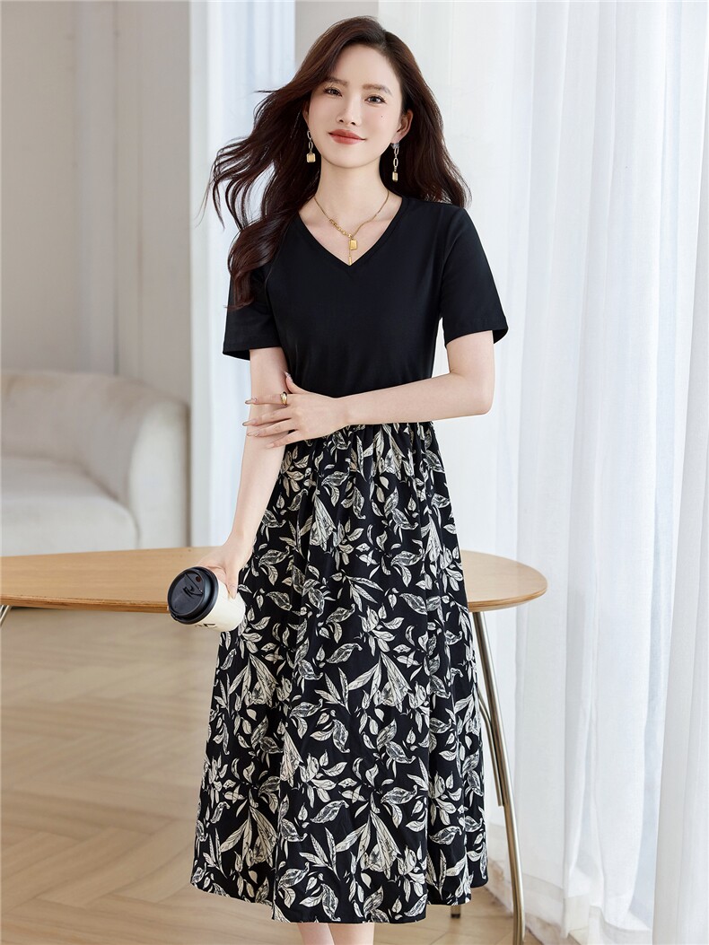 短袖V领印花连衣裙女2025年夏季新款收腰百搭显瘦T恤裙子,女装连衣裙,时尚风爆