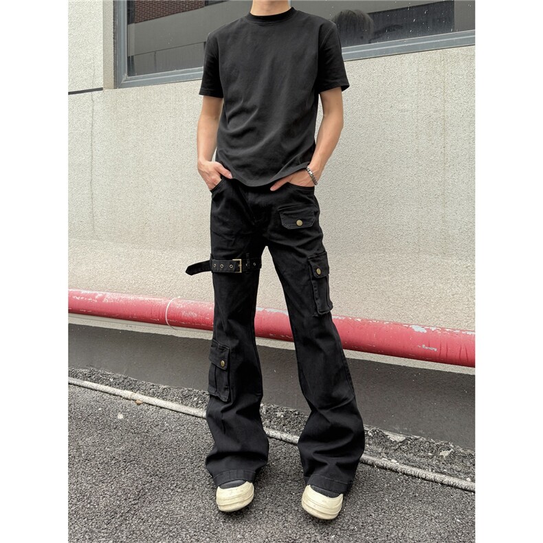 黑色vibe绑带微喇工装牛仔裤男cleanfit美式高街修身裤L66244-P45,男装牛仔裤,星座1008