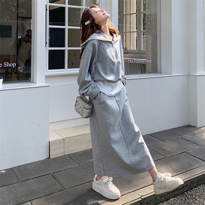 灰色休闲时尚套装裙女2025春秋季新款假两件拼接卫衣半身裙两件套,女装套装/套裙,2C205