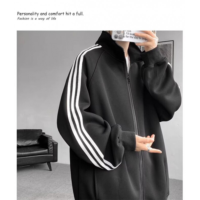 藏青色条纹开衫卫衣情侣ootd穿搭美式潮牌复古休闲立领拉链夹克秋,男装夹克,星座1013-1