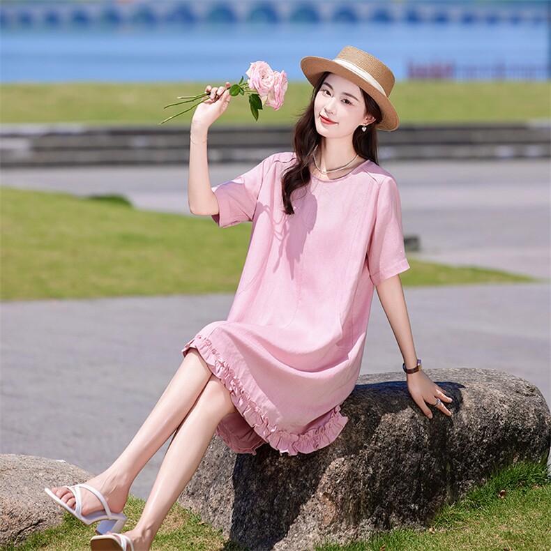 2025夏季新款女装时尚百搭圆领宽松显瘦设计感气质短袖法式连衣裙,女装连衣裙,靓衣阁