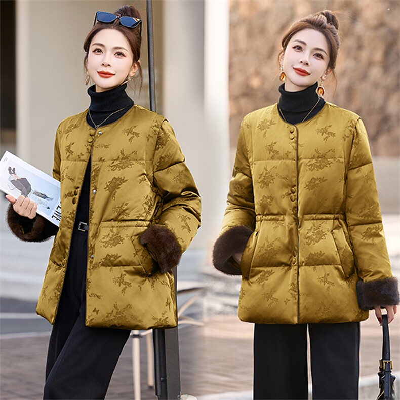 羽绒服女中长款2024冬新款今年流行新中式国风收腰粉色提花厚外套,女装羽绒服,奕可儿