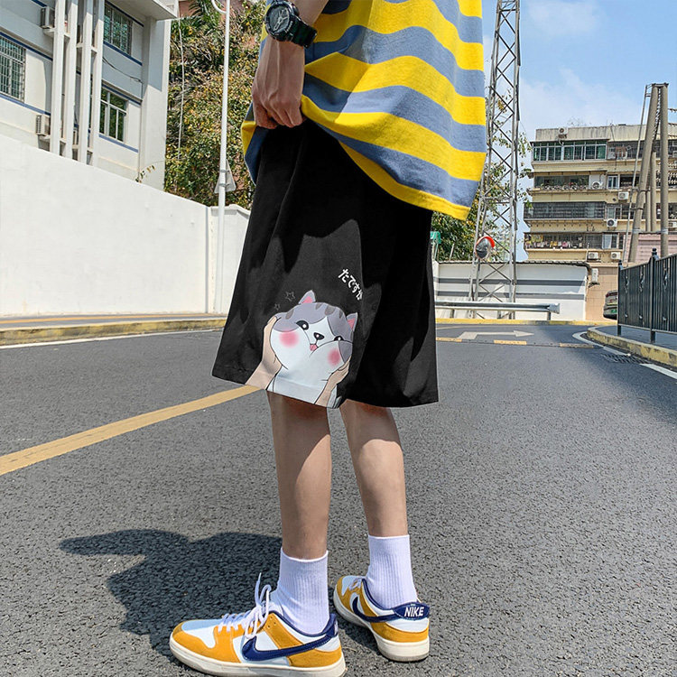 K203 P25 外景 中性风情侣装卡通猫印花青年百搭潮流休闲五分裤图片