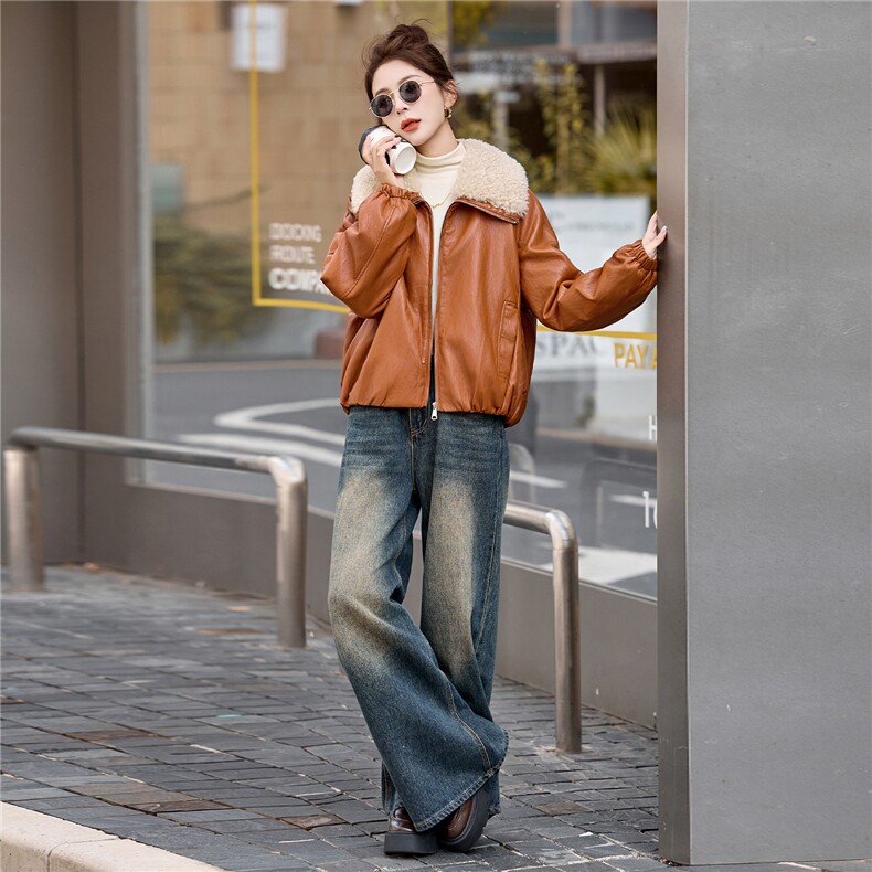 大翻领加丝绵皮衣短外套女2025秋冬新款保暖时尚酷飒机车PU皮夹，女装皮衣，美拉德工厂直营店