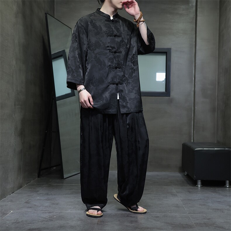 风休闲七分袖立领衬衫2025夏季新款百搭长裤套装TZ100-P110,男装休闲套装,电商A008
