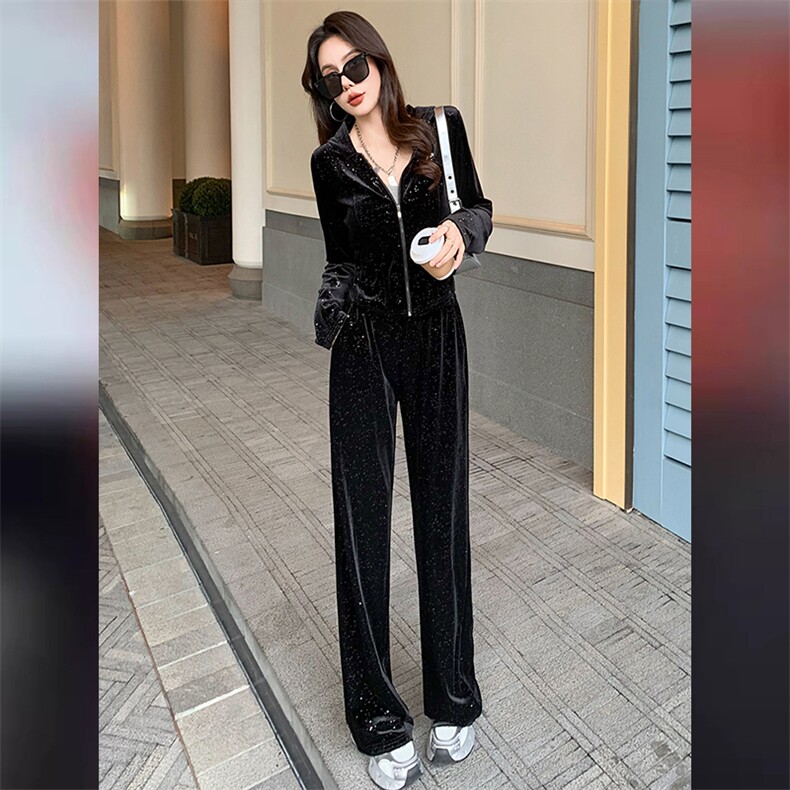 网红款时尚魅力休闲套装女春新款拉链开衫连帽烫钻上衣阔腿裤套装,女装套装/套裙,江南