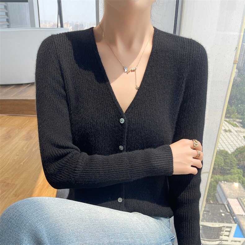 2025年秋季常规款通勤长袖休闲/淑女V领小抽条开衫,针织衫/毛衣,兰皓羊绒