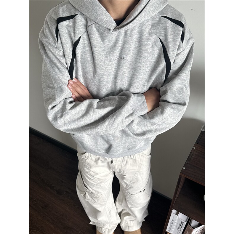 美式复古灰黑拼接字母款连帽卫衣男女420G宽松套头上衣,男装卫衣,星座506A