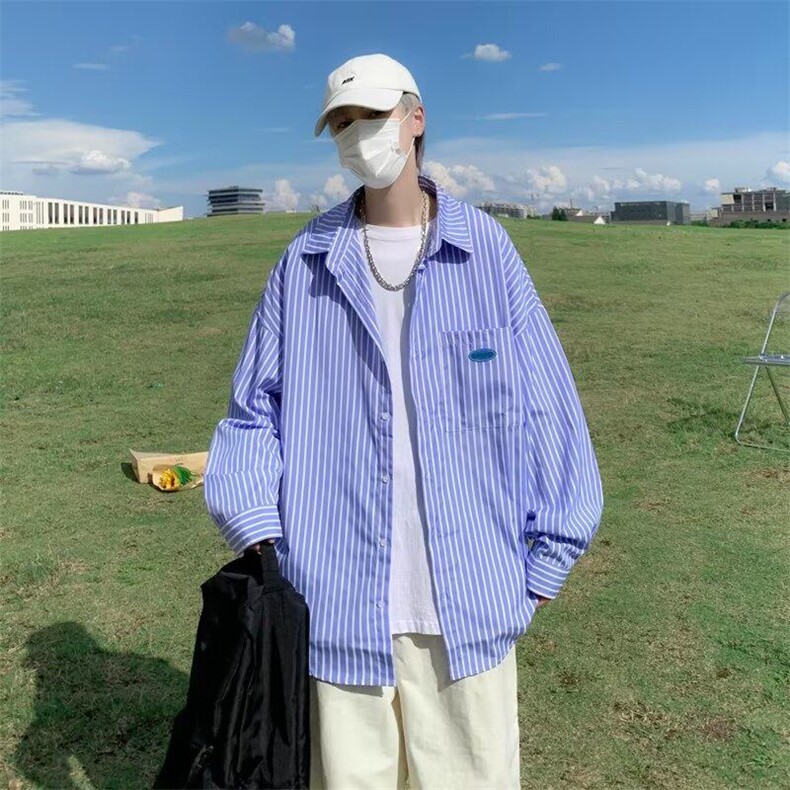 条纹长袖衬衫男秋季高级感痞帅ins潮外套港风日系雅痞男友风衬衣,男装衬衫,星座218-1（原230）