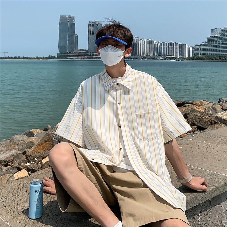 冰丝港风条纹衬衫男短袖宽松薄款休闲衬衣半袖衣服DX168P3555,男装T恤,电商B413-1