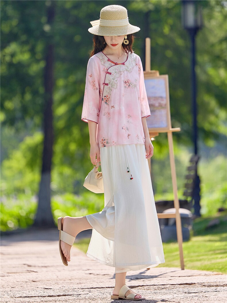 2026年夏季新款新中式重工刺绣小衫阔腿裤套装两件套女,女装套装/套裙,依路服饰