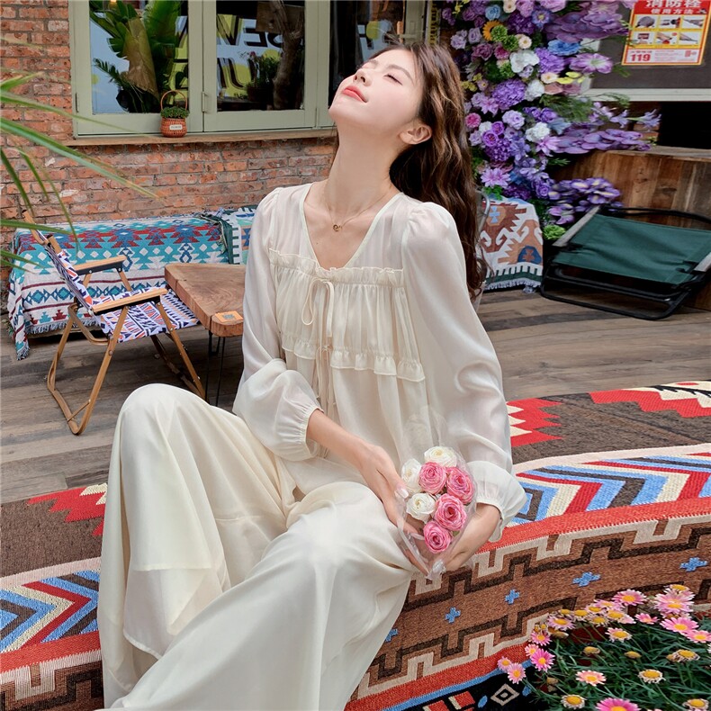超仙时尚雪纺套装女2026春夏新款半透减龄长袖防晒阔腿裙裤两件套,女装套装/套裙,水衣源