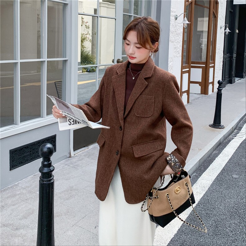 美拉德咖色毛呢西装外套配丝巾套装女秋冬2025新款韩系高级感穿搭,女装短外套,2C278