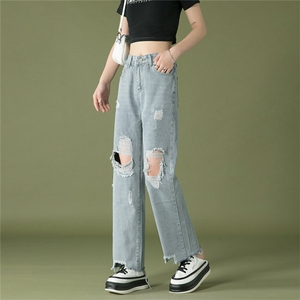 k1019-p50-控78 M-5XL 现货oversize cleanfit风黄泥牛仔裤破洞图片