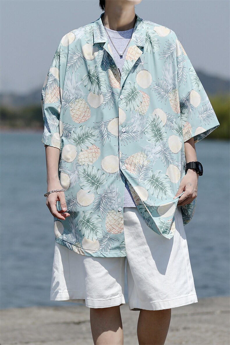 8XL-M冰丝凉感衬衣垂感透气复古花纹宽松男五分袖短袖衬衫CS526,男装衬衫,电商D206-1